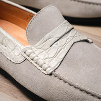 Zelli Monza Suede and Caiman Crocodile Driving Loafer in White