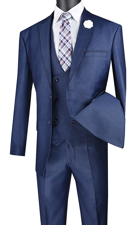 Birdseye Pattern Modern Fit 3 Piece Navy Suit with Contrast Trim