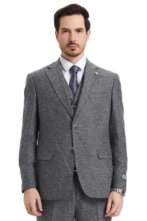 Men's Stacy Adams Vested Vintage Herringbone Tweed Suit in Grey