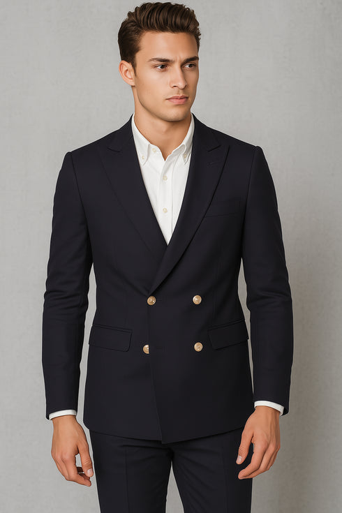 Navy Double Breasted Blazer Navy Peak Lapel men's Double Breasted Suits Jacket Four Button Solid Wool Blazer