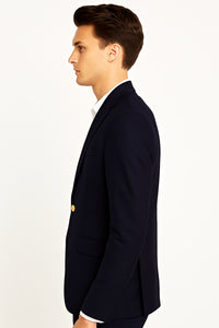 Navy Double Breasted Blazer Navy Peak Lapel men's Double Breasted Suits Jacket Four Button Solid Wool Blazer