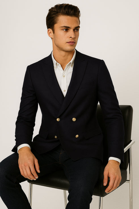 Navy Double Breasted Blazer Navy Peak Lapel men's Double Breasted Suits Jacket Four Button Solid Wool Blazer