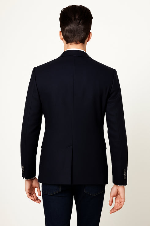 Navy Double Breasted Blazer Navy Peak Lapel men's Double Breasted Suits Jacket Four Button Solid Wool Blazer