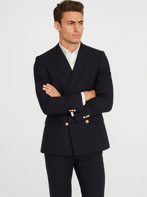 Navy Double Breasted Blazer Navy Peak Lapel men's Double Breasted Suits Jacket Four Button Solid Wool Blazer