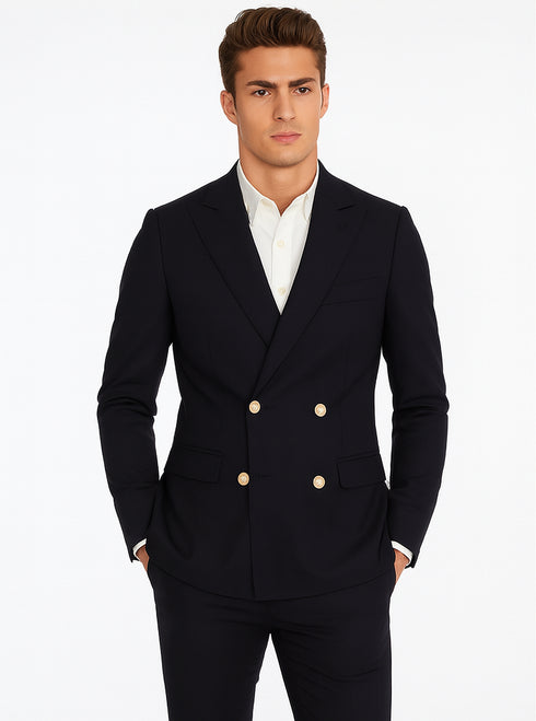 Navy Double Breasted Blazer Navy Peak Lapel men's Double Breasted Suits Jacket Four Button Solid Wool Blazer