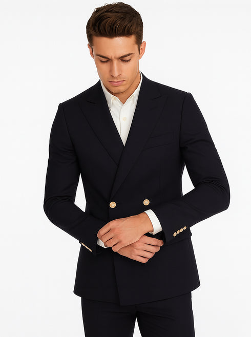 Navy Double Breasted Blazer Navy Peak Lapel men's Double Breasted Suits Jacket Four Button Solid Wool Blazer
