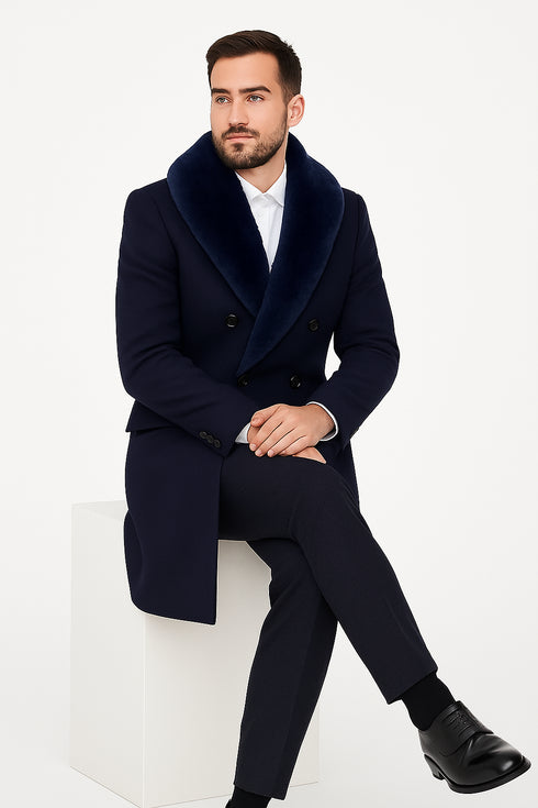 Mens Navy Wool Overcoat with Royal Blue Faux Fur Shawl Collar Cashmere Carcoat