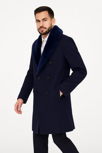Mens Navy Wool Overcoat with Royal Blue Faux Fur Shawl Collar Cashmere Carcoat