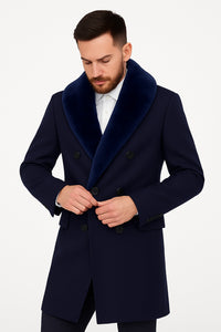 Mens Double-Breasted Navy Overcoat with Plush Blue Faux Fur Collar – Alberto Nardoni Winter Coat