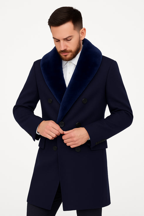 Mens Navy Wool Overcoat with Royal Blue Faux Fur Shawl Collar Cashmere Carcoat