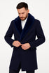 Mens Navy Wool Overcoat with Royal Blue Faux Fur Shawl Collar Cashmere Carcoat