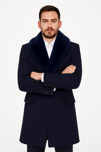 Mens Navy Wool Overcoat with Royal Blue Faux Fur Shawl Collar Cashmere Carcoat