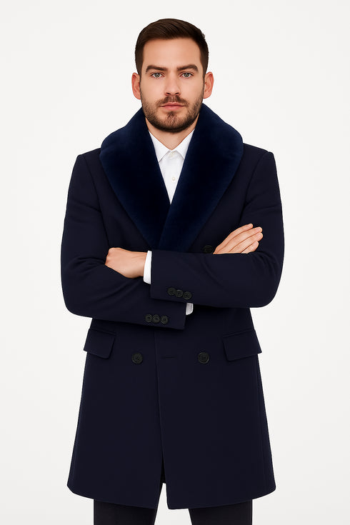 Mens Navy Wool Overcoat with Royal Blue Faux Fur Shawl Collar Cashmere Carcoat