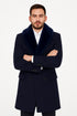 Mens Navy Wool Overcoat with Royal Blue Faux Fur Shawl Collar Cashmere Carcoat