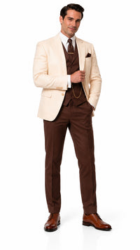 Great Gatsby 1920s Ivory Dinner Jacket with Brown Vest and Pants – Cream Off-White Collar Outfit