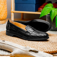 Zelli Nicola Handwoven Italian Calfskin Penny Loafers in Black