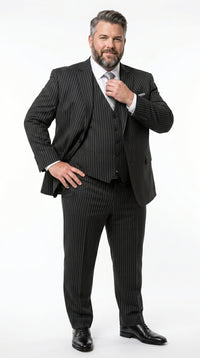 Men’s Black Bold Pinstripe 1920s Suit with Vest and Pants – Vintage Gangster Style Outfit