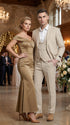 Men’s Khaki Sharkskin Wedding Suit with One Button Jacket, Double Breasted Vest and Pants