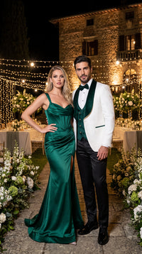 Marco Lorenzo Premium White Paisley 4 Piece Suit with Green Velvet Shawl Lapel and Matching Bow Tie