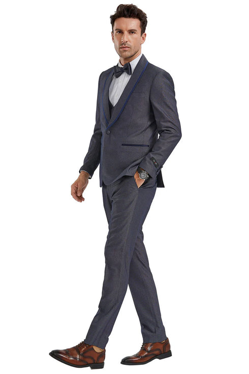 Mens Gray Tuxedo - Grey Wedding Suit-Mens One Button Vested Shawl Lapel Tuxedo In Grey Birdseye With Blue Trim