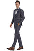 Mens Gray Tuxedo - Grey Wedding Suit-Mens One Button Vested Shawl Lapel Tuxedo In Grey Birdseye With Blue Trim