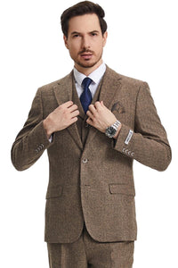 Men's Stacy Adams Vested Vintage Herringbone Tweed Suit in Light Brown