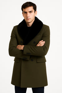 Mens Olive Green Wool Overcoat with Black Faux Fur Shawl Collar – Double Breasted Winter Coat