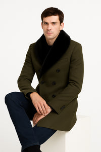 Mens Olive Green Wool Overcoat with Black Faux Fur Shawl Collar – Double Breasted Winter Coat