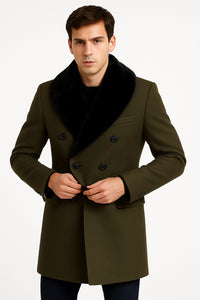 Mens Olive Green Wool Overcoat with Black Faux Fur Shawl Collar – Double Breasted Winter Coat