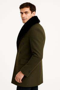 Mens Olive Green Wool Overcoat with Black Faux Fur Shawl Collar – Double Breasted Winter Coat