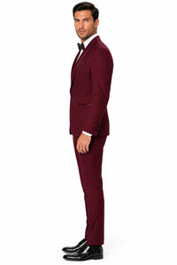 Mens One Button Satin Trim Shawl Tuxedo in Burgundy Wool