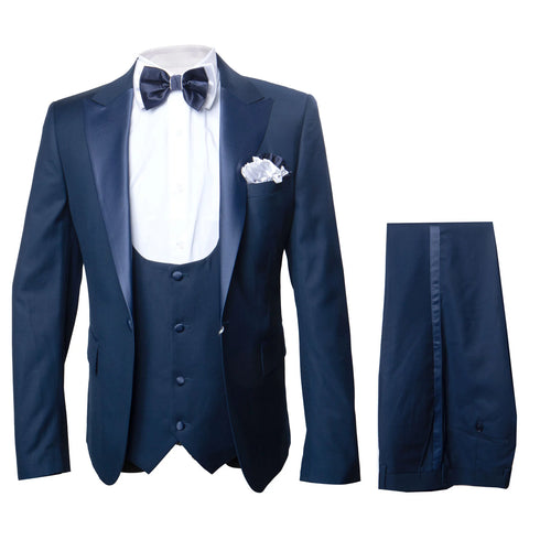 Men’s Navy Blue Tuxedo with Satin Peak Lapel with navy sateen – 3 Piece Formal Suit with Vest and Bow Tie