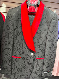Men’s Black Paisley Tuxedo with Red Velvet Shawl Lapel – 3 Piece Wedding Prom Suit With Matching Bowtie