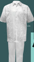 Men’s White Embroidered Guayabera Two-Piece Set – Short Sleeve Shirt and Pants