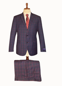 Men’s Navy Blue and Burgundy Checkered Two-Piece Suit Plaid Windowpane – Flat Front Pants or Pleated Wide Leg Pants - 100% Wool