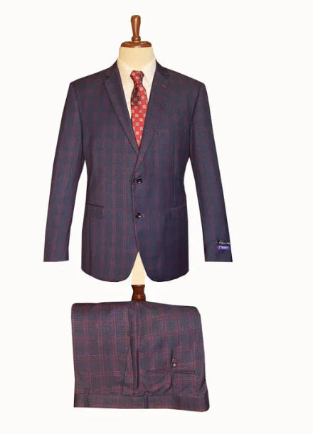 Men’s Navy Blue and Burgundy Checkered Two-Piece Suit Plaid Windowpane – Flat Front Pants or Pleated Wide Leg Pants - 100% Wool