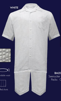 Mens White Seersucker Short Set – Lightweight Summer Outfit with Shirt and Shorts