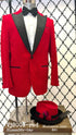 Men’s Red Velvet Fabric Rhinestone Blazer with Matching Red and Black Hat – Christmas New Year Holiday Party Jacket Set