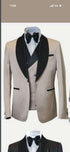 Men’s Beige Pinstripe Western 3 Piece Tuxedo Suit with Black Shawl Lapel, Formal Cowboy Wedding Prom Suit in Tan Khaki Color