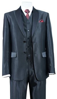 Men’s Black Shiny 3 Piece Tuxedo Groom Suit, Formal Vest Suit for Weddings, Prom, Black Tie Events, Black Lapel