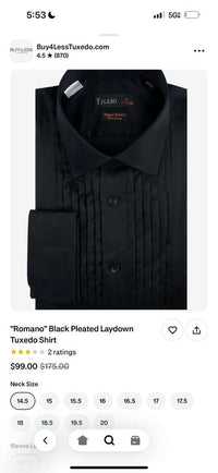 Men’s Black Pleated Tuxedo Dress Shirt | Formal Laydown Collar Button-Up Shirt for Weddings & Black Tie By Tiglio