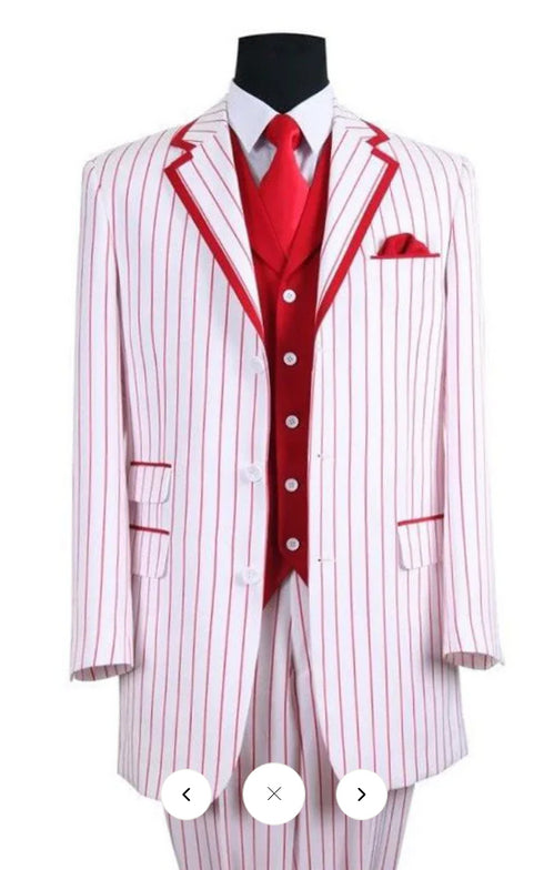 Men’s 1920s White and Red Pinstripe Zoot Suit with Fedora Hat and Wingtip Shoes – Vintage Gangster 3-Piece New Year Holiday Christmas Suit