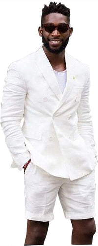 Men’s White Summer Suit with Shorts, 2 Piece Linen Style Wedding Beach Short Suit Set double breasted style