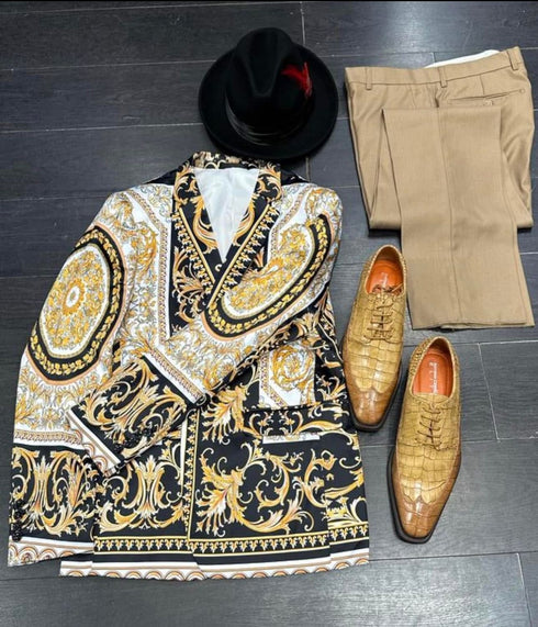 Men’s Black and Gold Baroque Blazer with Matching Pants, Hat, and Shoes – Luxury Party and Wedding Outfit Set