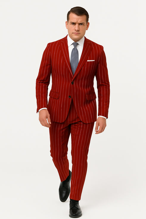 Men’s Red Pinstripe Suit – Stripe Two-Button Vested Suit 2 Buttons