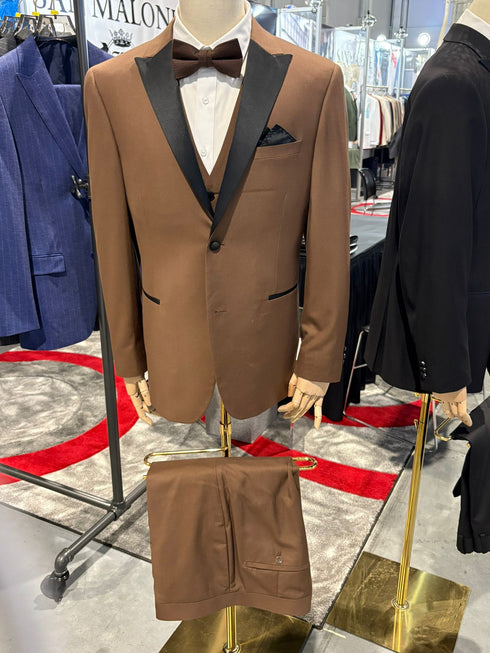 Men’s Light Brown Tuxedo Suit with Black Satin Lapel – 3 Piece Formal Wedding & Prom Outfit - Country Look