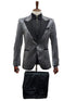 Silver Metallic Tuxedo Suit with Black Satin Peak Lapel – Mens Slim Fit Formal Wedding and Prom Attire in Charcoal Grey With Pants