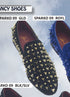 Men’s Studded Velvet Loafers – Designer Party and Prom Dress Shoes with Gold and Silver Spikes