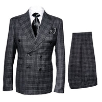 Men’s Charcoal Plaid Double-Breasted Suit – Tailored Pants Windowpane Pattern By Rossiman