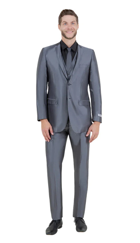 Men’s Dark Grey Shiny Two-Piece Suit – Slim Fitted Formal Jacket and Tailored Pants - Sateen Metalic in Charcoal Gray Color